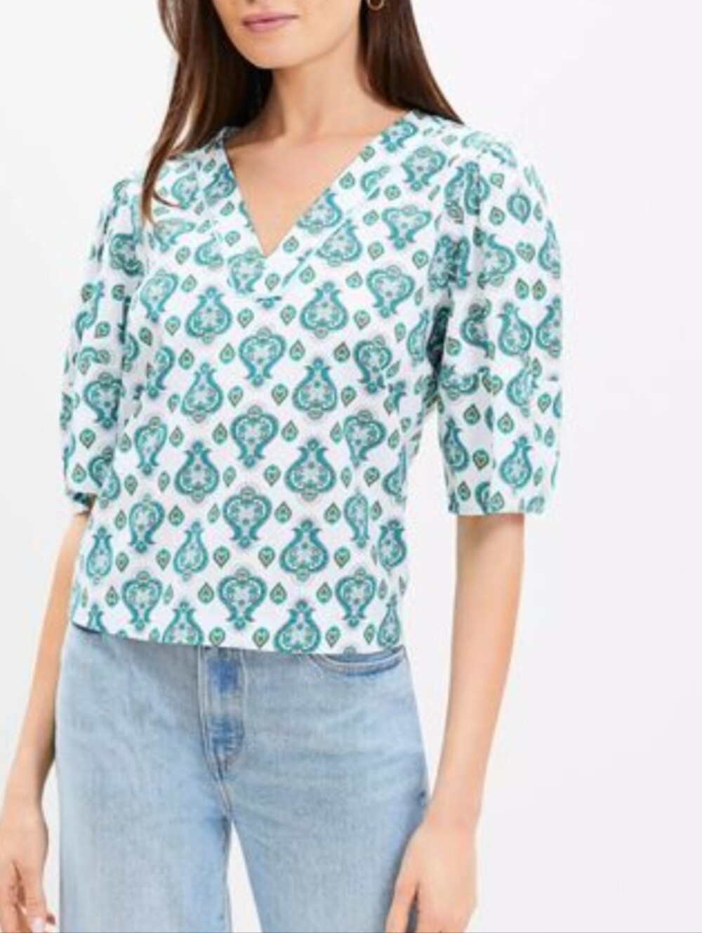 LOFT V-neck Puff Sleeve Blouse, White W Blue Green Paisley Pattern, M